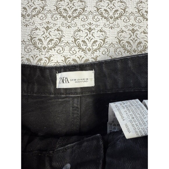 Zara Jeans‎ Women 4 Black Straight Leg High Rise Dark Wash Distressed Rock Biker - Picture 4 of 7